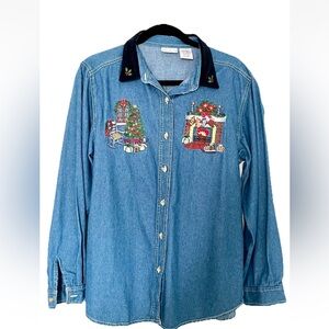 Bobbie Brooks Christmas Embroidered Denim Shirt Velvet Collar Vintage Med